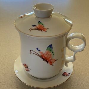 Teavana Butterflies Porcelain Tea Cup Complete 4-Pc Set.  * MINT * Never  Used